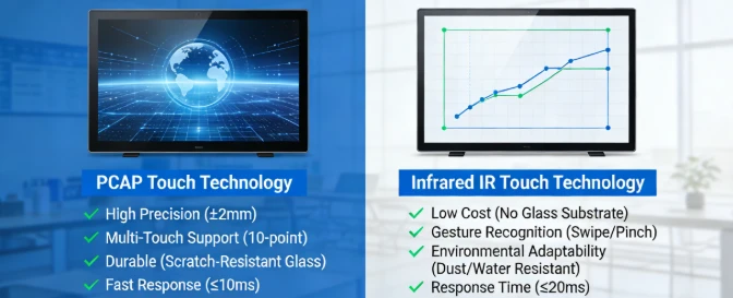32-inch PCAP projected capacitive touch screen panel versus infrared IR touch technology for commercial kiosks